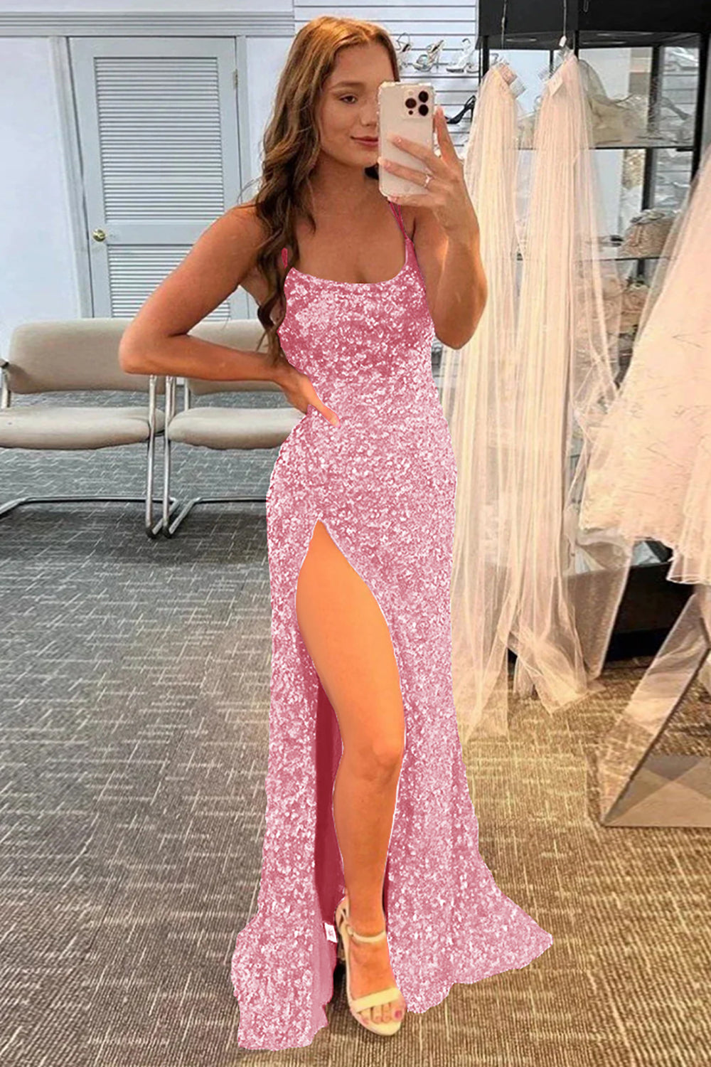 Mermaid Red Prom Dress Sequined Long Evening Dress with Slit