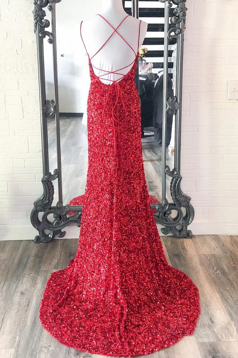 Mermaid Red Prom Dress Sequined Long Evening Dress with Slit