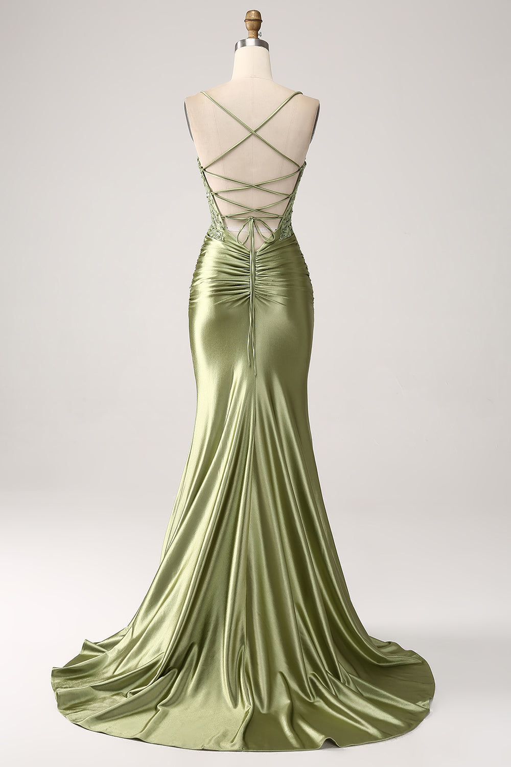 Mermaid Sage Prom Dress Spaghetti Straps Lace up Back Evening Dress With Slit