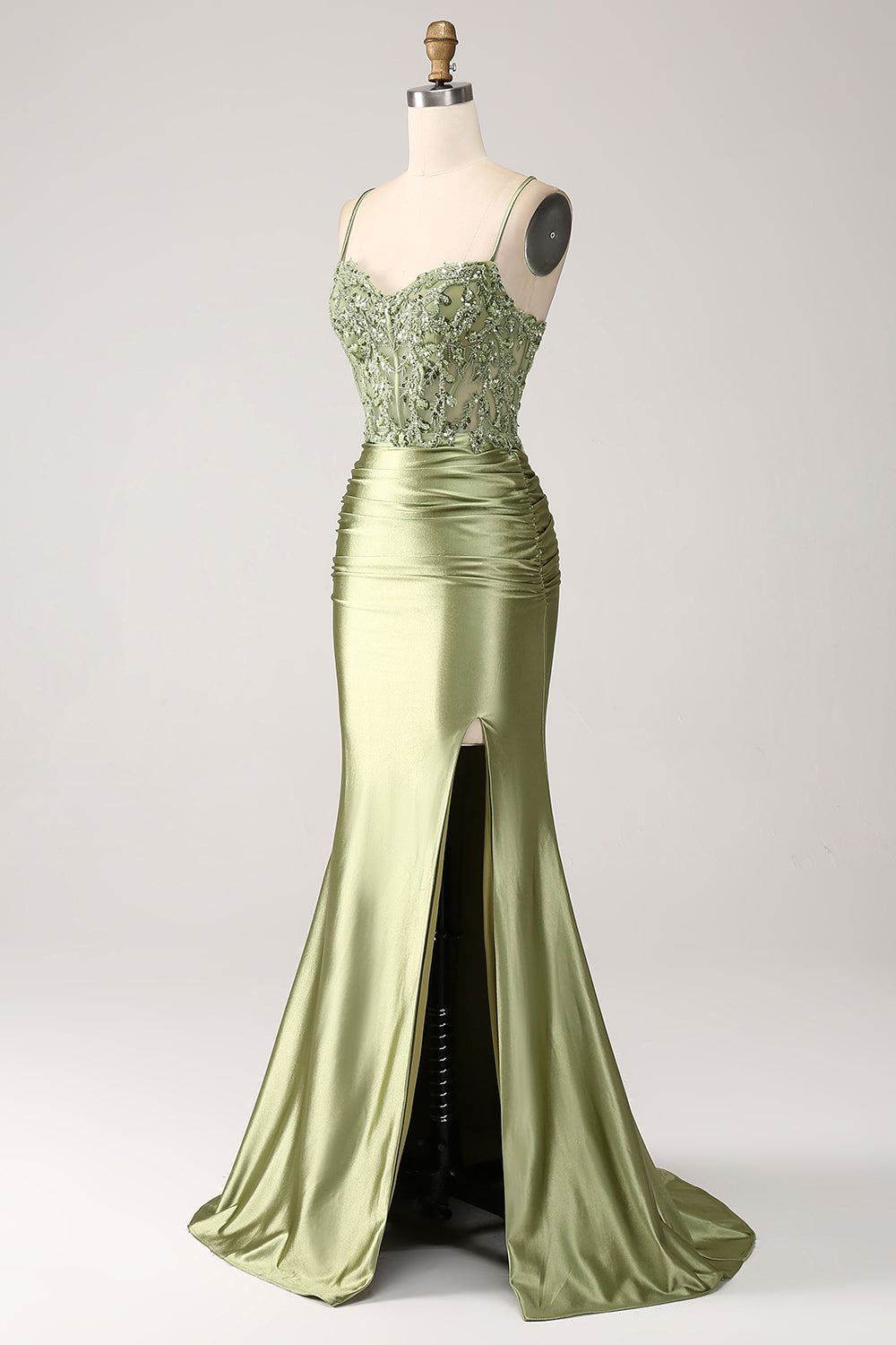 Mermaid Sage Prom Dress Spaghetti Straps Lace up Back Evening Dress Wi Dreamyannie UK Mermaid Sage Prom Dress Spaghetti Straps Lace up Back Evening Dress Wi Dreamyannie UK