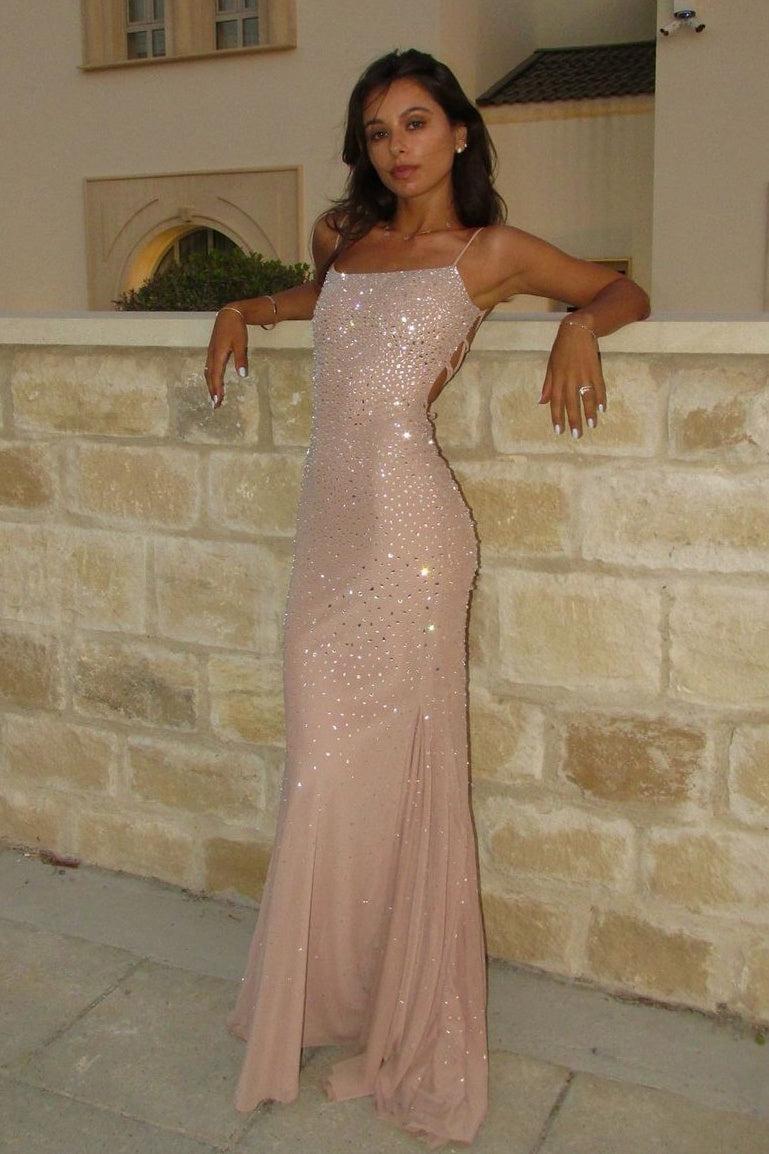 Mermaid Spaghetti Straps Light Champagne Long Party Dress With Beading Formal Evening Gown
