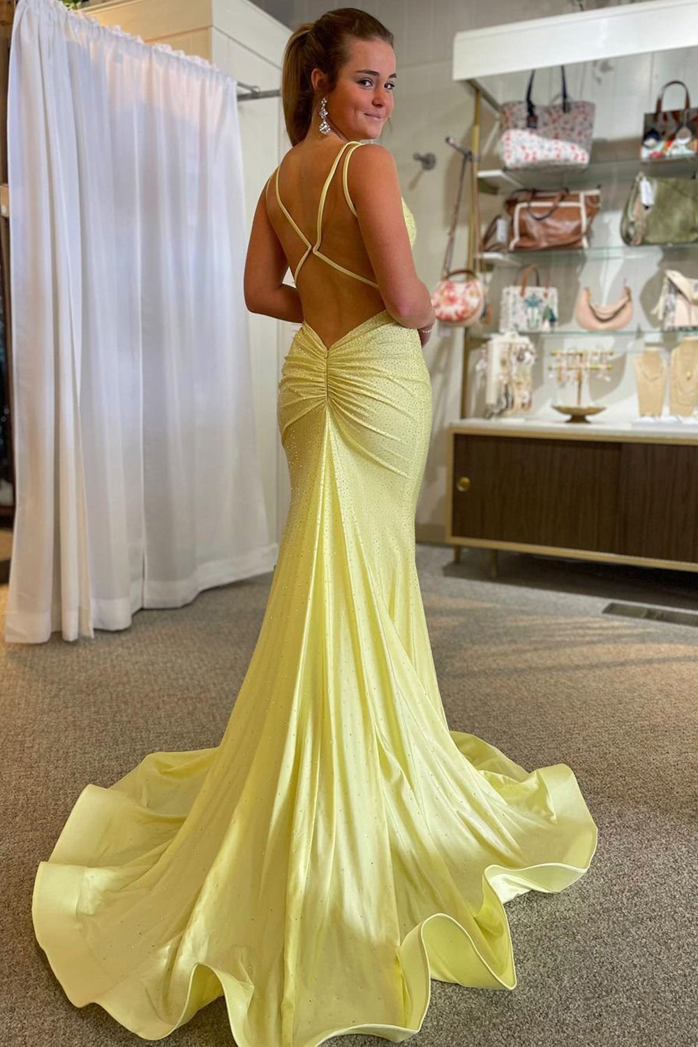 Mermaid Spaghetti Straps Lilac Prom Dress Sequined Long Evening Dress