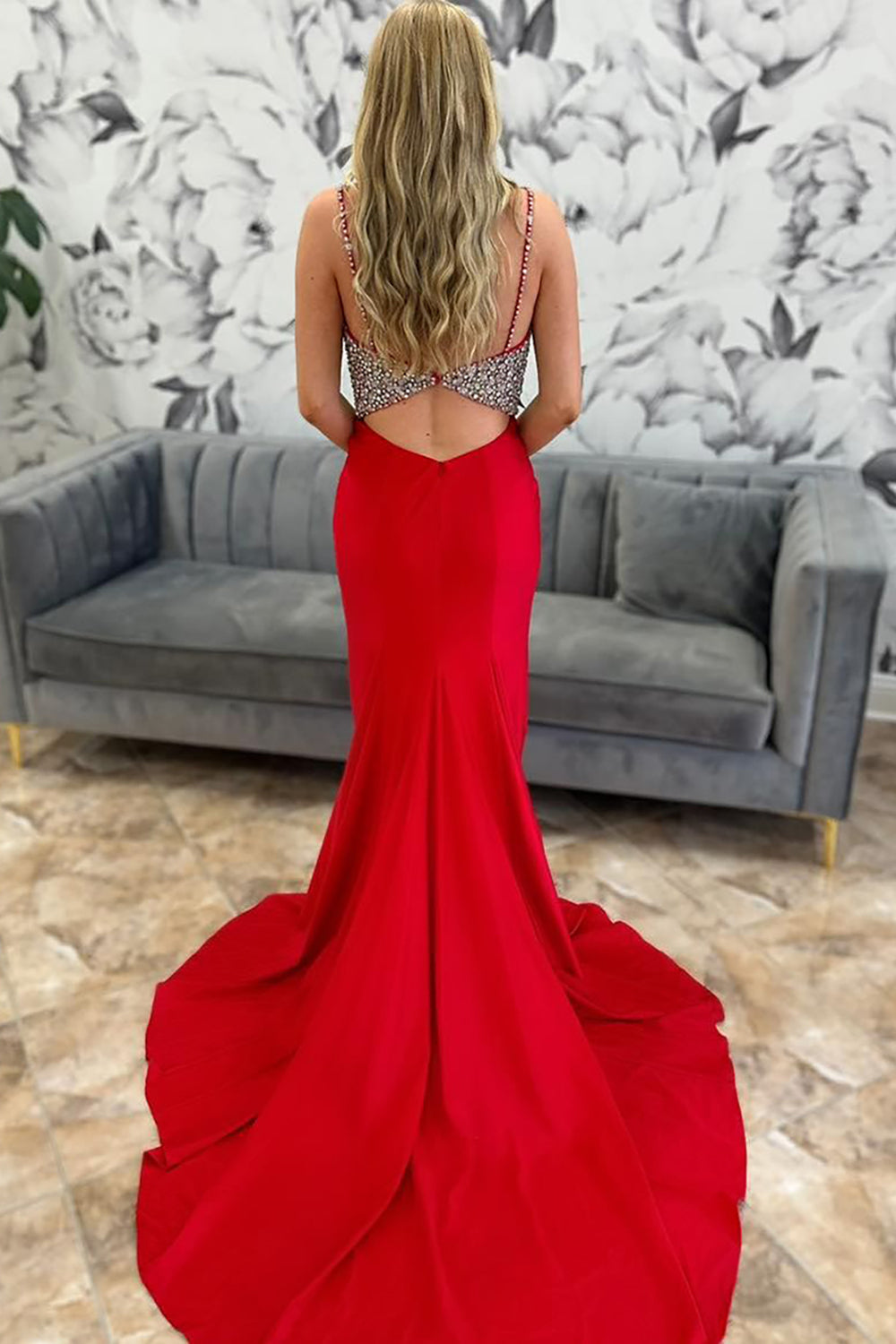 Mermaid Spaghetti Straps Red Prom Dress Long Evening Dress With Slit