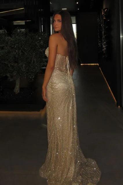 Mermaid Spaghetti Straps Silver Corset Prom Dress With Beading Formal Evening Gown