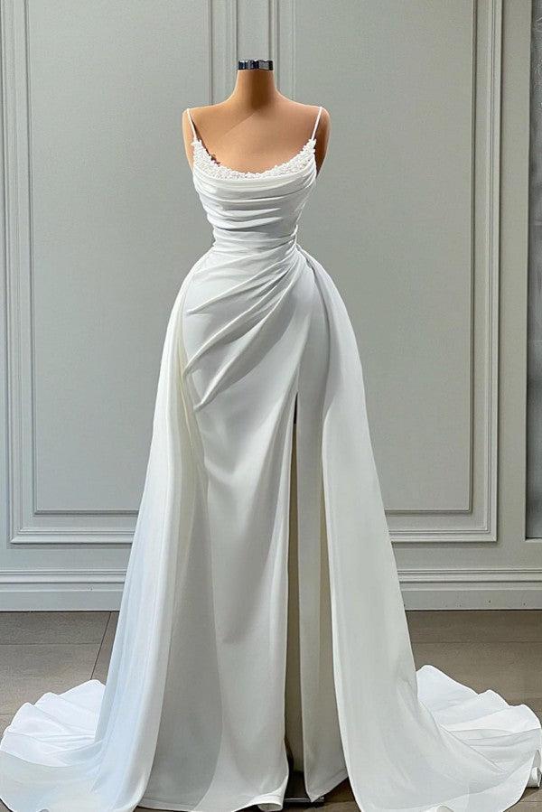 Mermaid Spaghetti Straps Wedding Dress Floor Length Sleeveless High Split Bridal Gown With Side Train