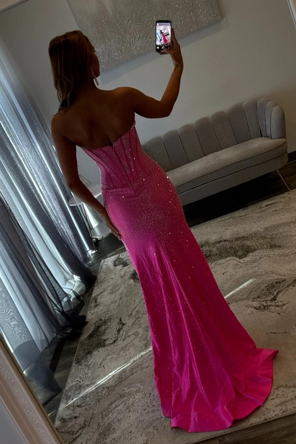 Mermaid Strapless Hot Pink Long Prom Dress With Beading Split Front Formal Evening Gown
