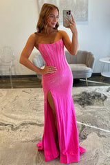 Mermaid Strapless Hot Pink Long Prom Dress With Beading Split Front Formal Evening Gown
