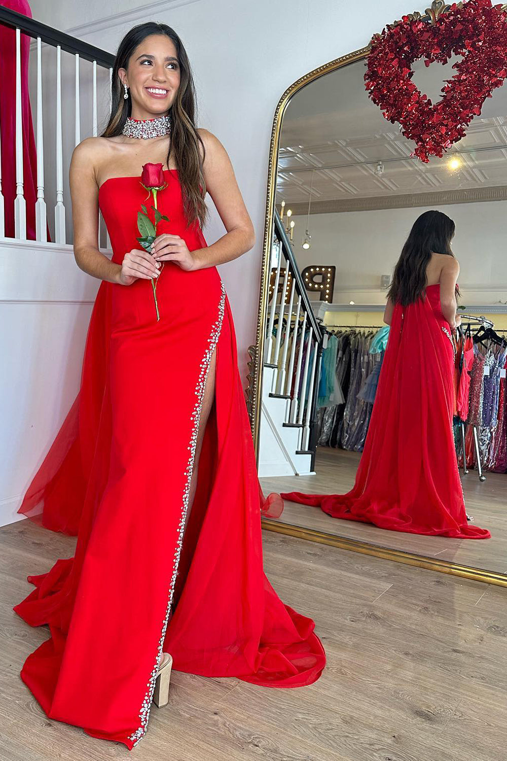 Mermaid Strapless Red Prom Dress Long Evening Dress with Slit Dreamyannie UK Mermaid Strapless Red Prom Dress Long Evening Dress with Slit Dreamyannie UK