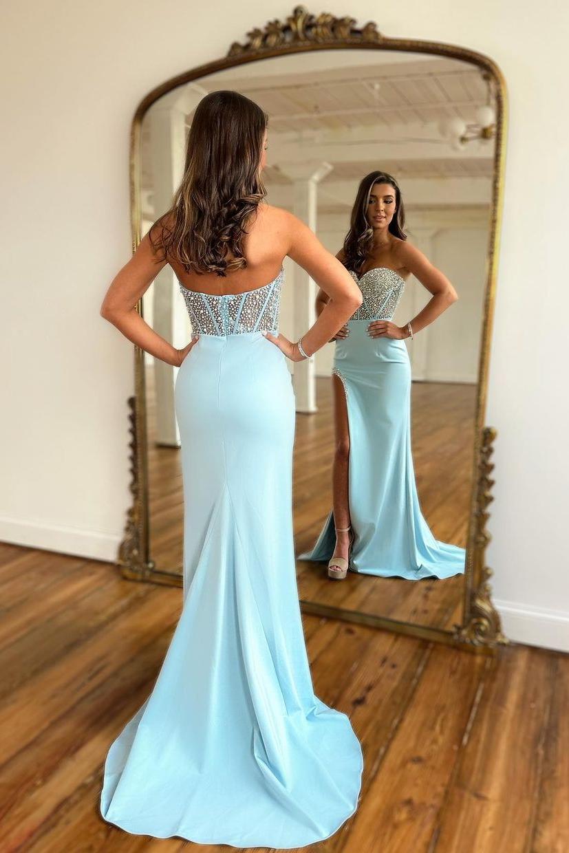 Mermaid Sweetheart Beaded Black Prom Dress Corset Evening Dress with Slit