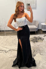 Dreamyannie Black & Silver Strapless Structured Corset Top Beading Prom Dress With High Slit Formal Evening Gown