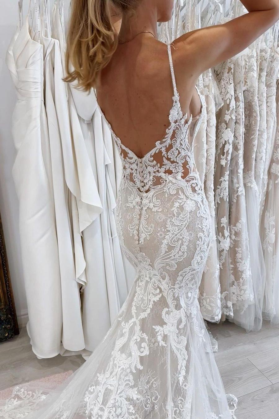Mermaid Tulle Lace Spaghetti Straps Sleeveless White Wedding Dress Bridal Gown With Appliques Train
