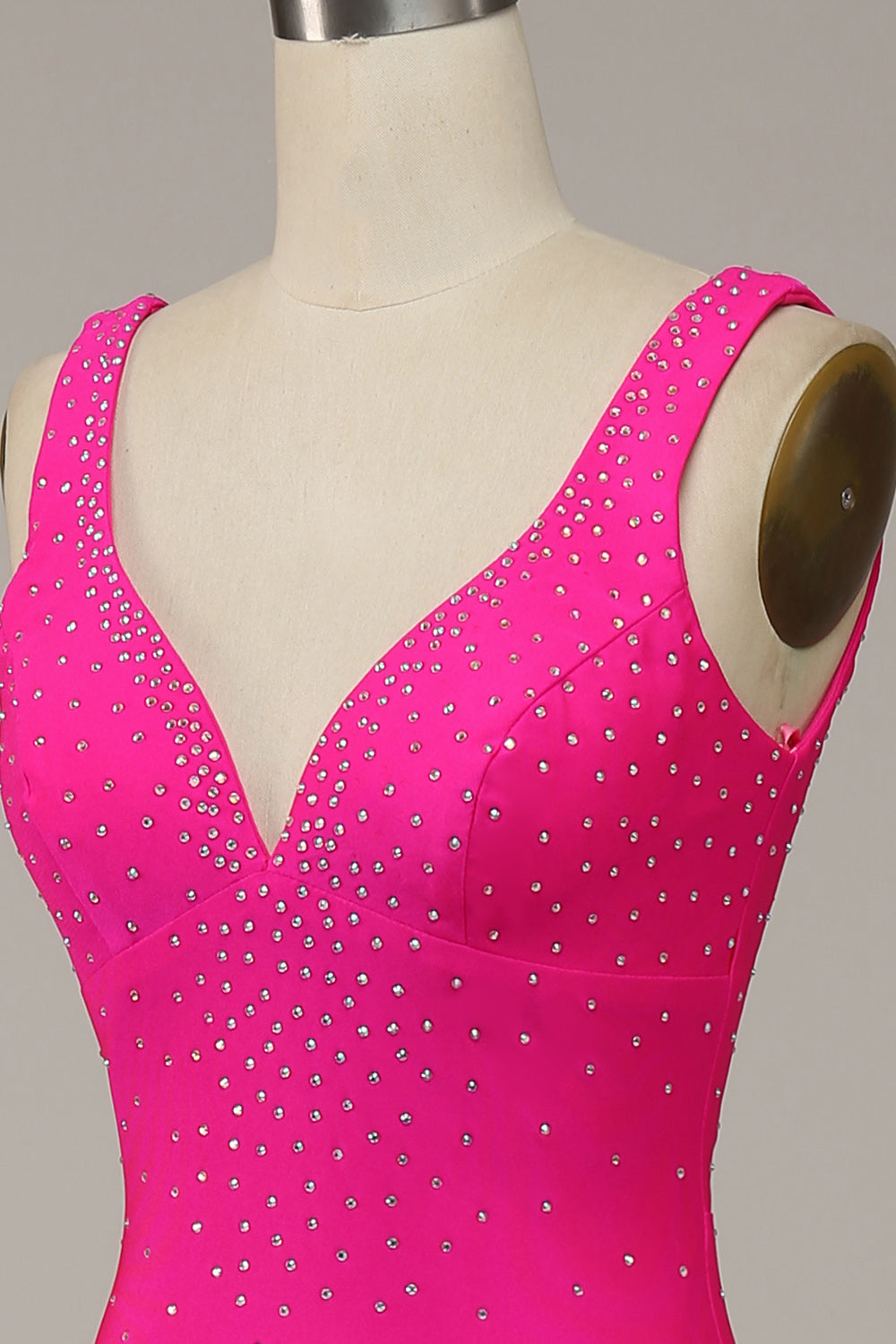 Mermaid V Neck Hot Pink Prom Dress Long Evening Dress with Beading