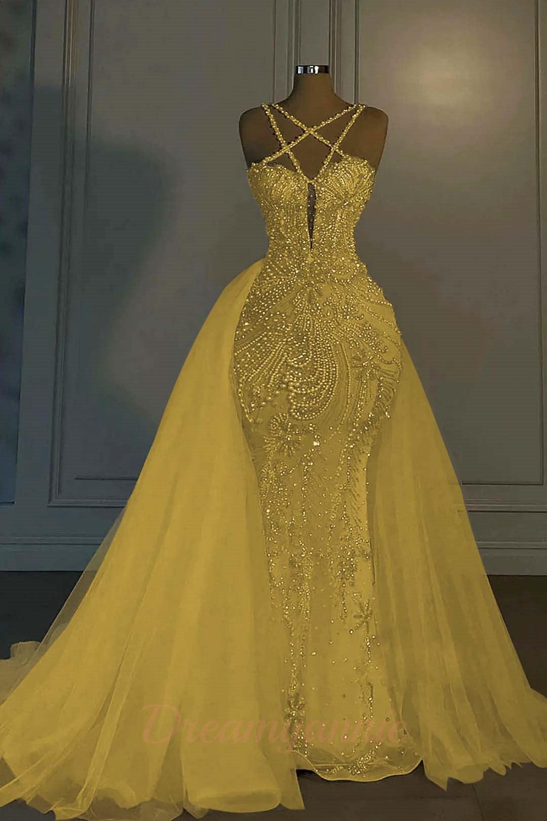 Mermaid V Neck Spaghetti Strap Heavy Bridal Gown With Beadings
