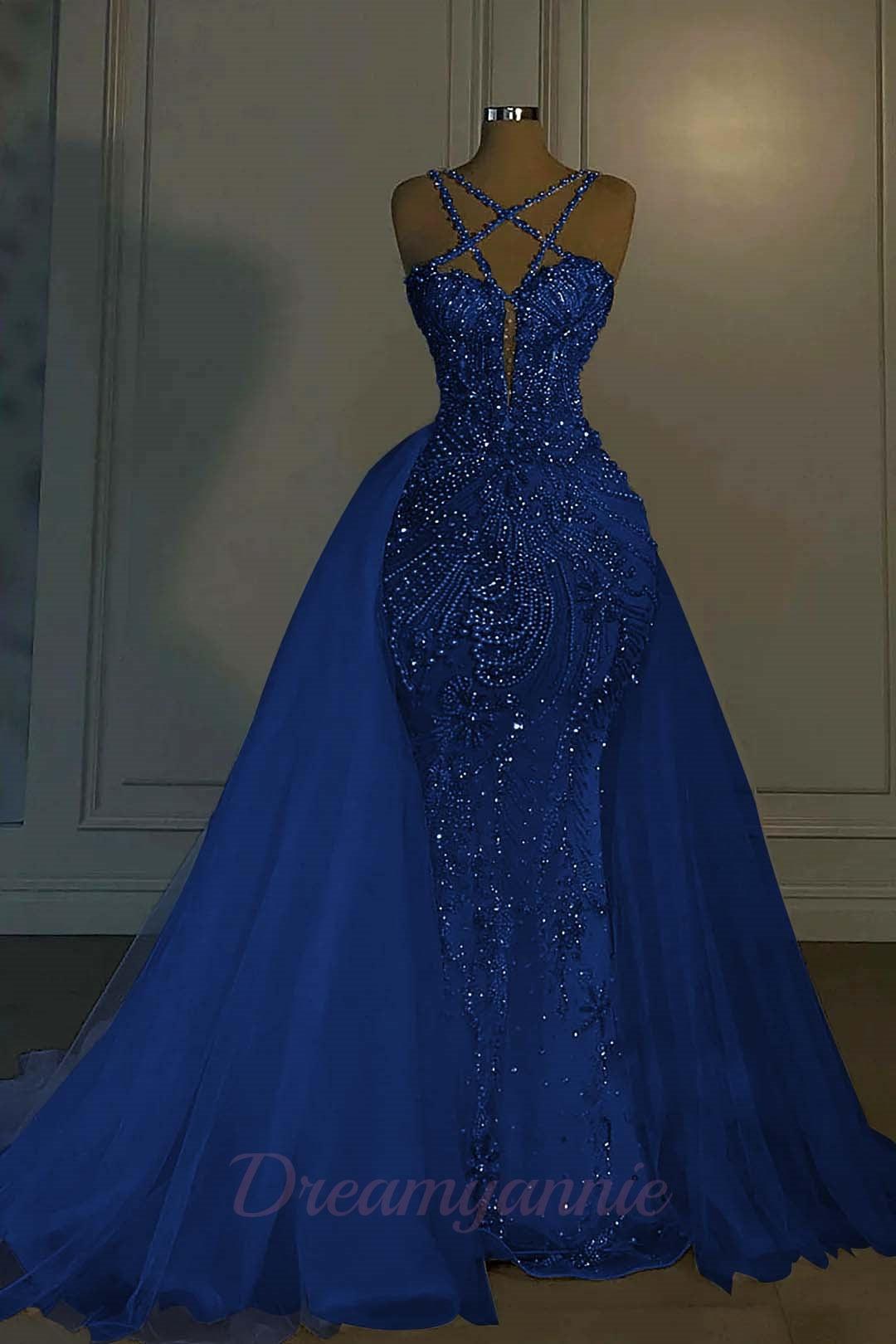 Mermaid V Neck Spaghetti Strap Heavy Bridal Gown With Beadings