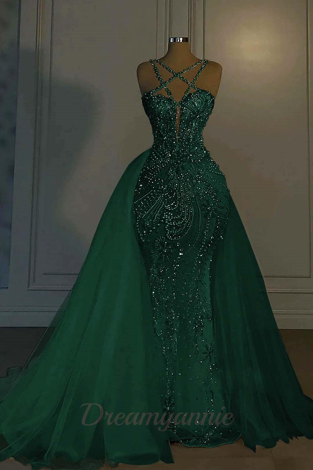 Mermaid V Neck Spaghetti Strap Heavy Bridal Gown With Beadings