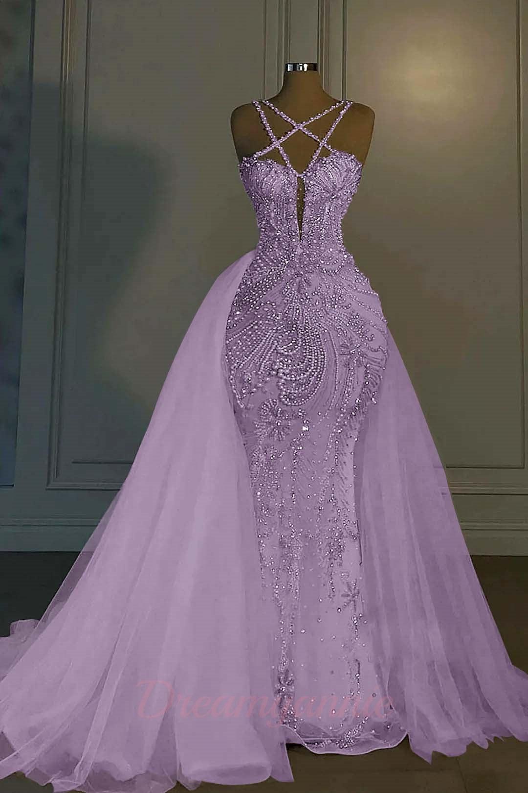 Mermaid V Neck Spaghetti Strap Heavy Bridal Gown With Beadings