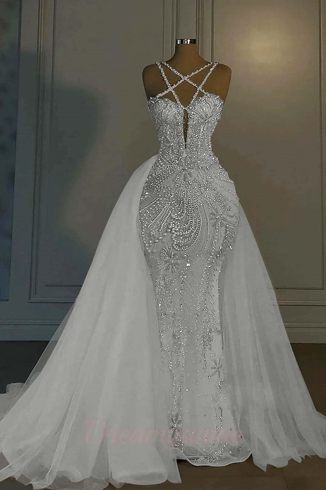 Mermaid V Neck Spaghetti Strap Heavy Bridal Gown With Beadings