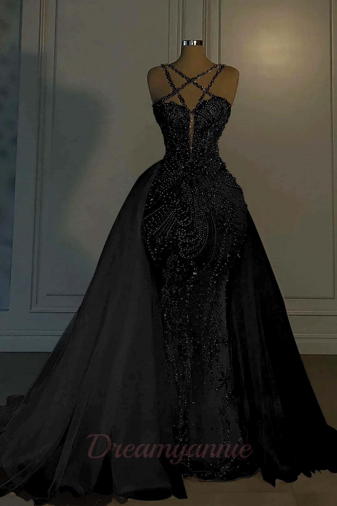 Mermaid V Neck Spaghetti Strap Heavy Bridal Gown With Beadings