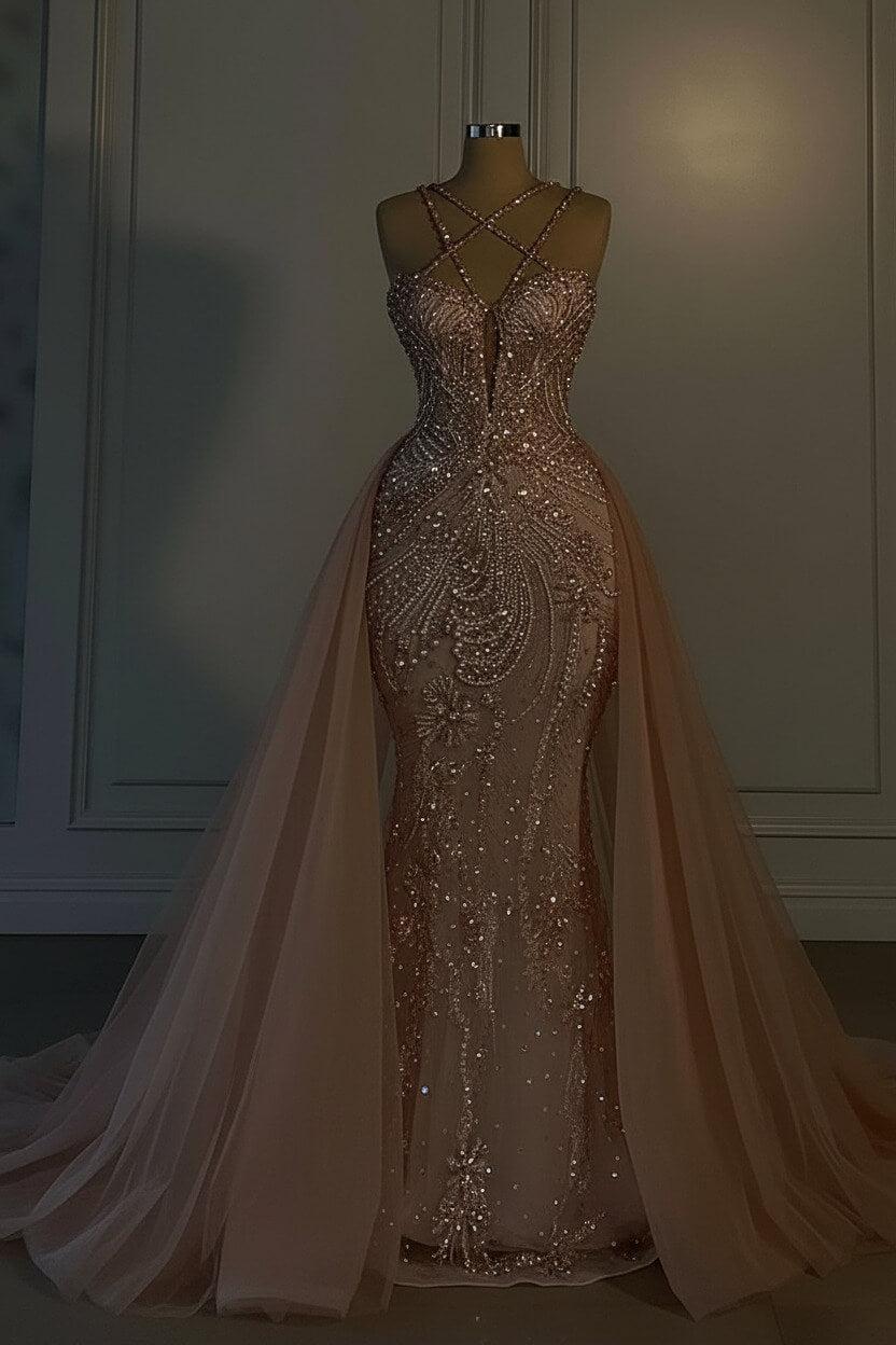 Mermaid V Neck Spaghetti Strap Heavy Bridal Gown With Beadings