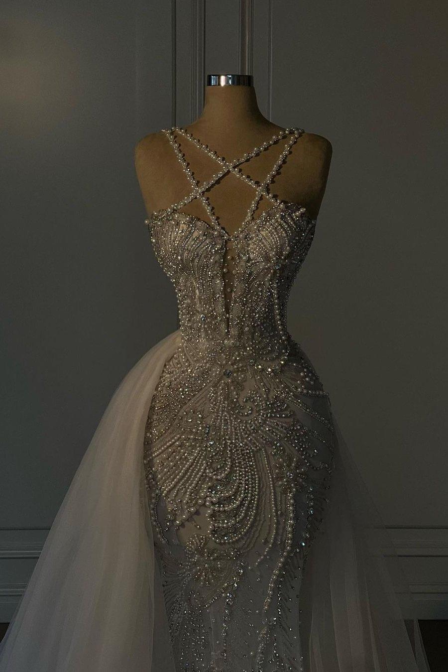 Mermaid V Neck Spaghetti Strap Heavy Bridal Gown With Beadings