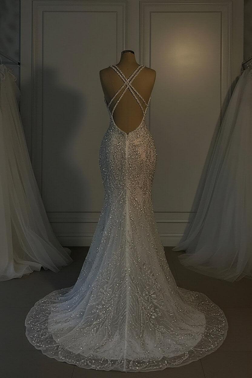 Mermaid V Neck Spaghetti Strap Heavy Bridal Gown With Beadings