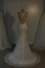 Mermaid V Neck Spaghetti Strap Heavy Bridal Gown With Beadings