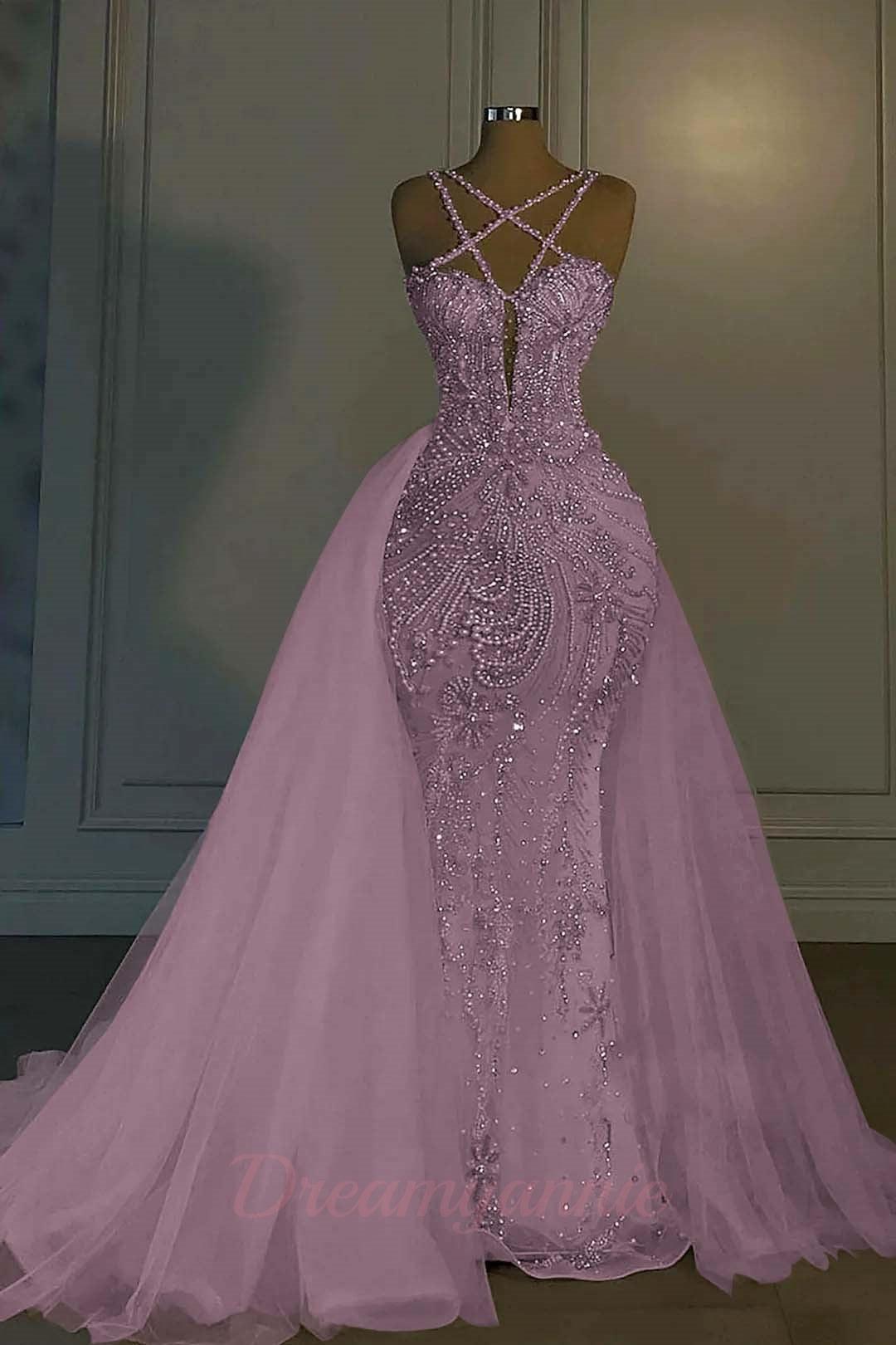 Mermaid V Neck Spaghetti Strap Heavy Bridal Gown With Beadings