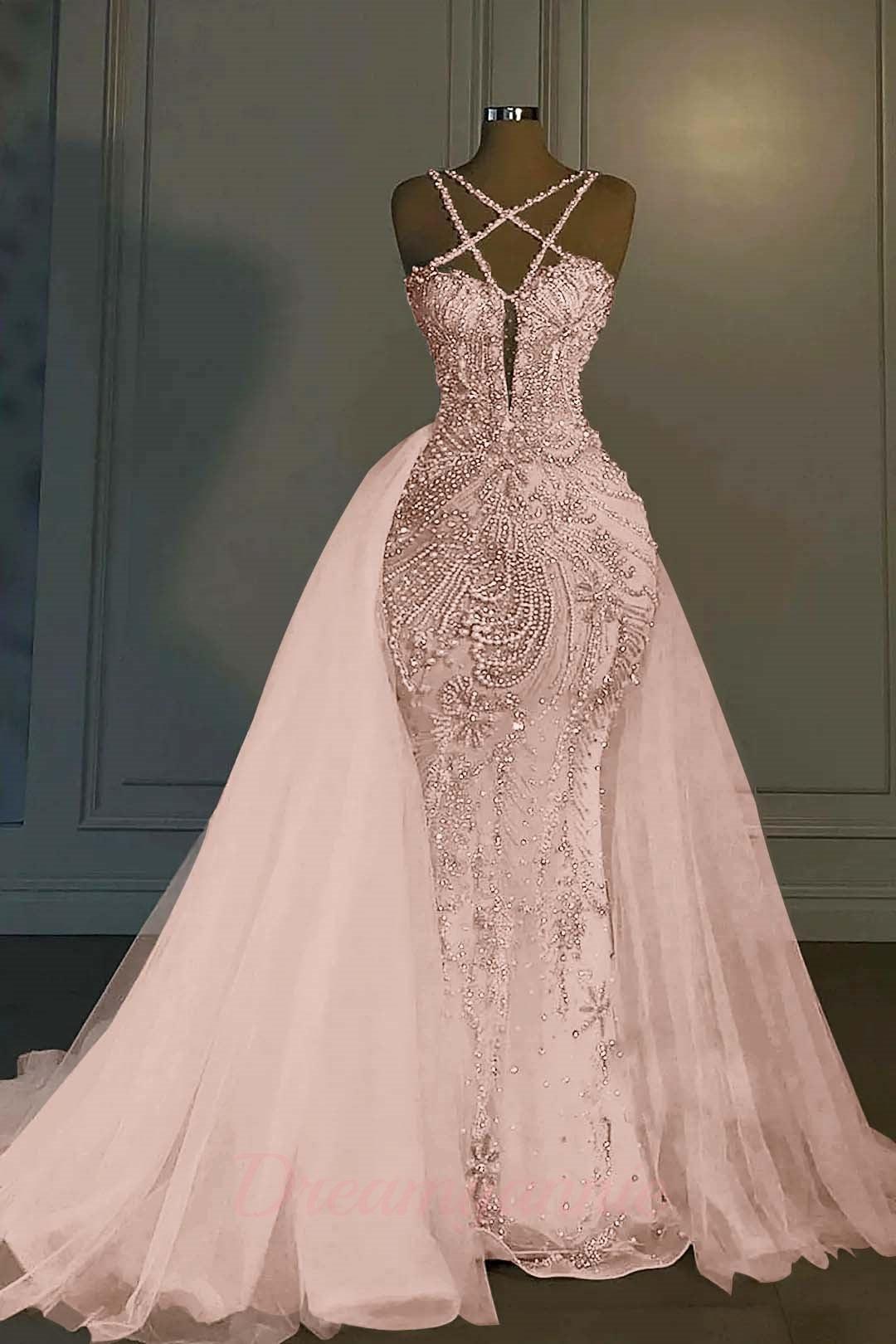 Mermaid V Neck Spaghetti Strap Heavy Bridal Gown With Beadings