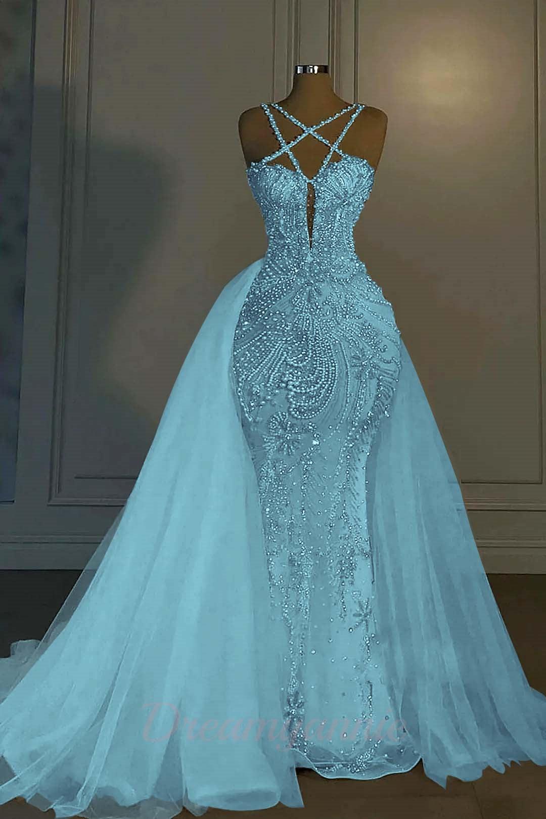 Mermaid V Neck Spaghetti Strap Heavy Bridal Gown With Beadings