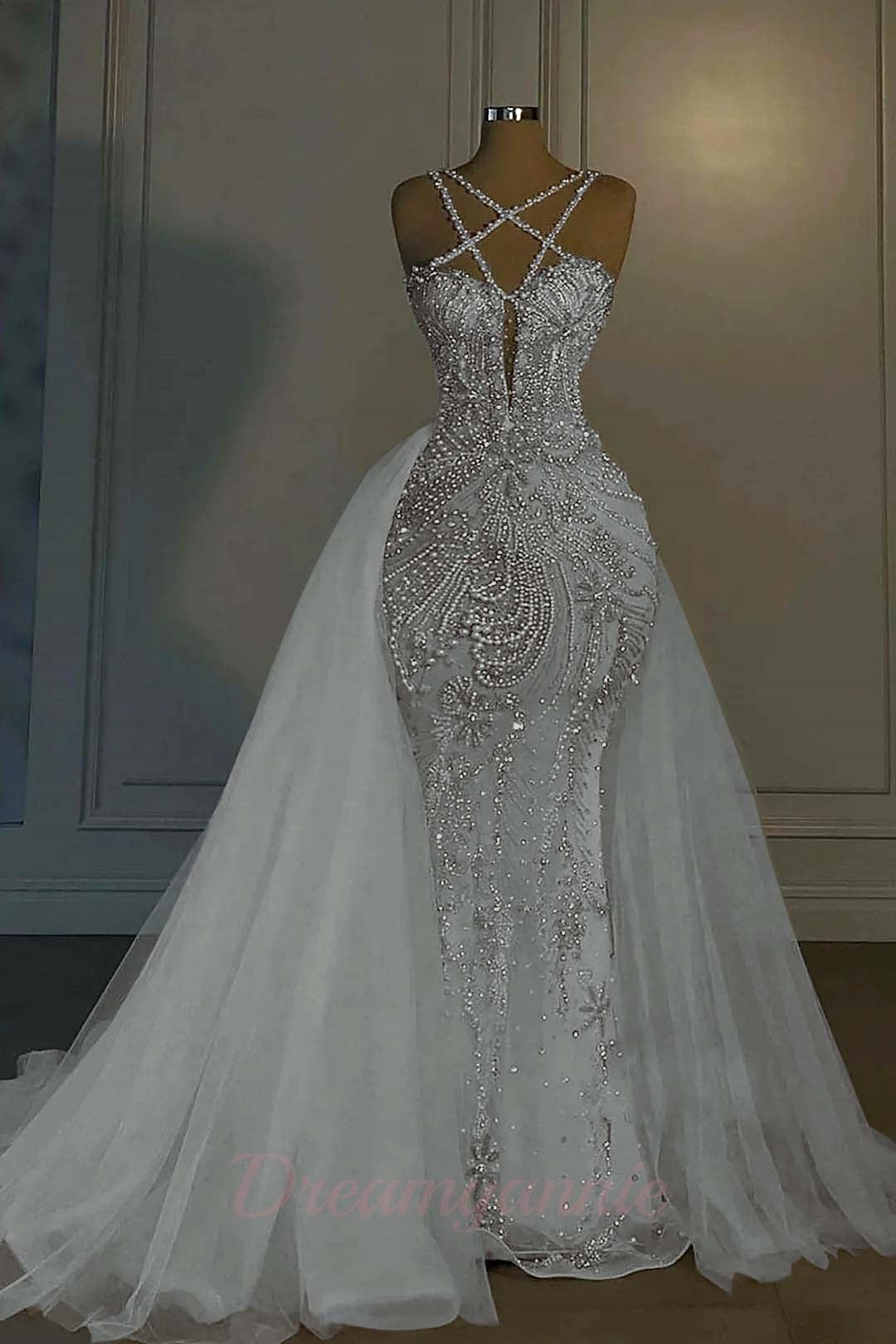 Mermaid V Neck Spaghetti Strap Heavy Bridal Gown With Beadings