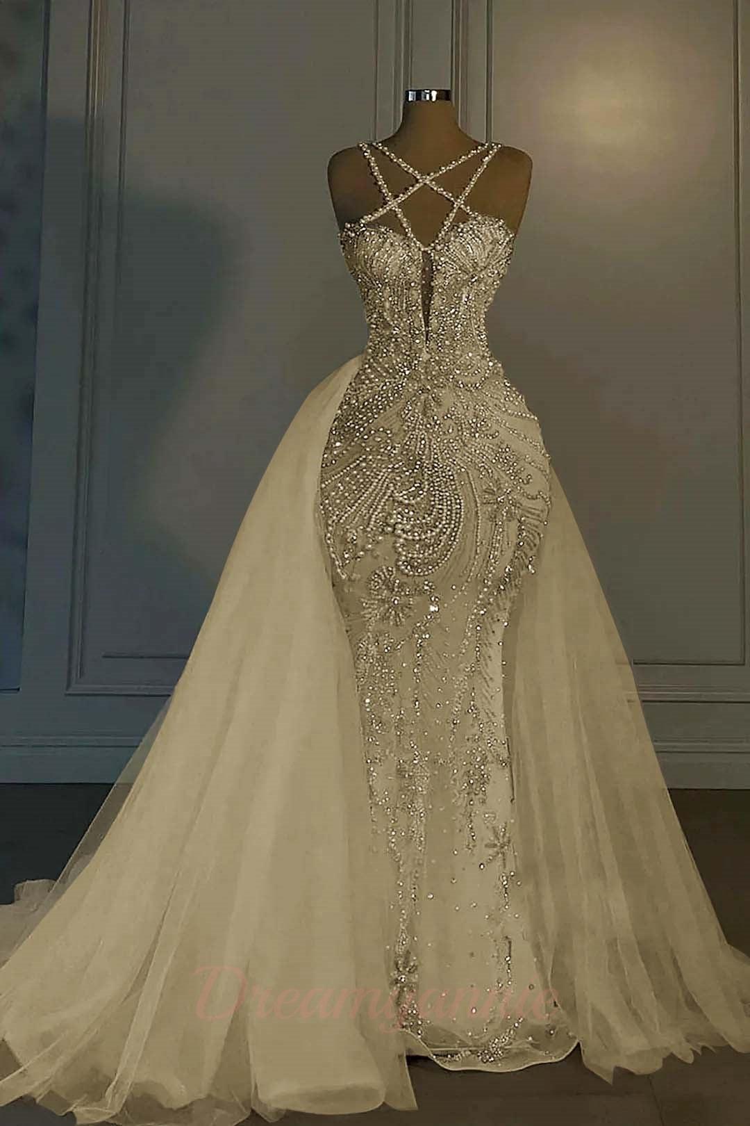 Mermaid V Neck Spaghetti Strap Heavy Bridal Gown With Beadings