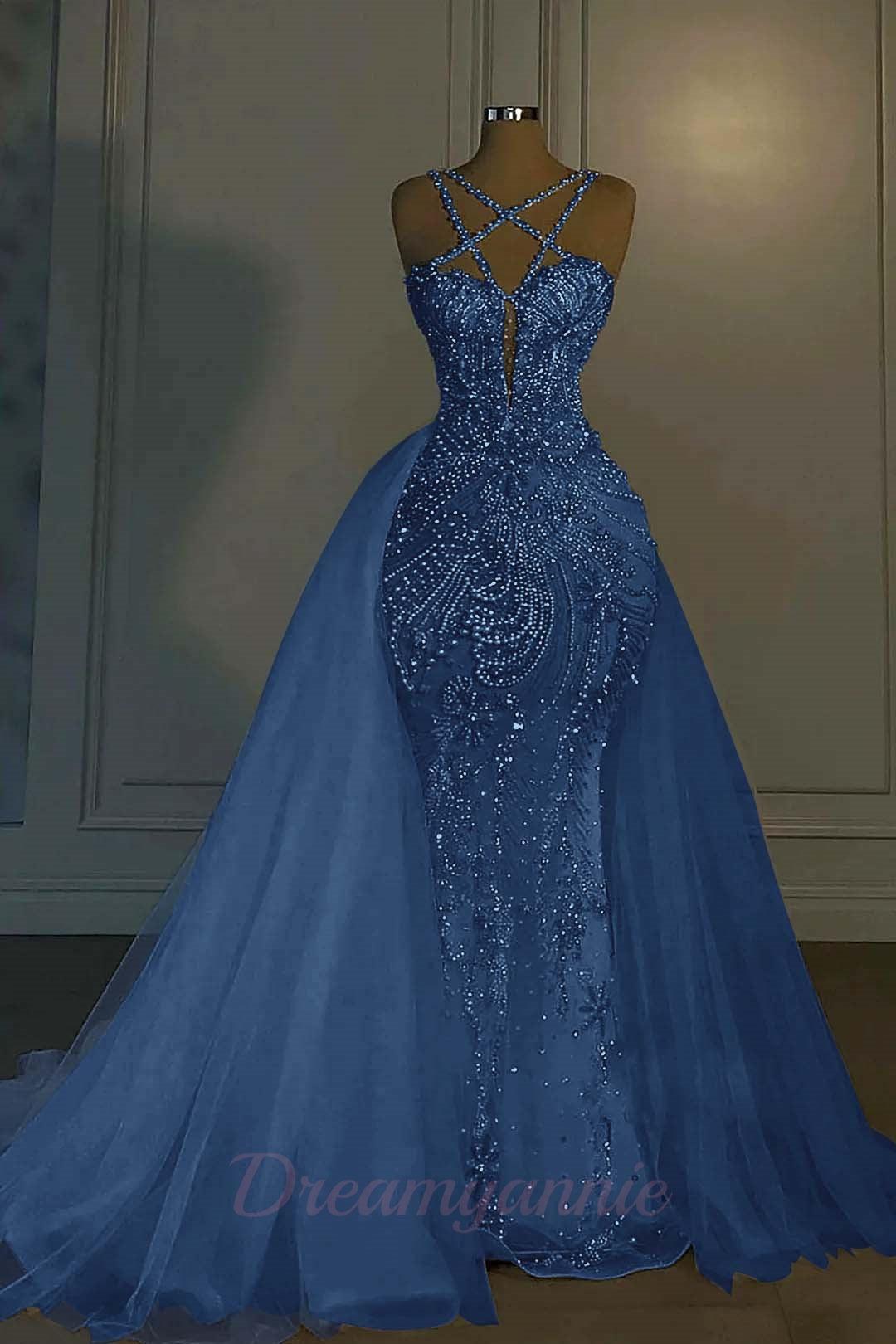 Mermaid V Neck Spaghetti Strap Heavy Bridal Gown With Beadings