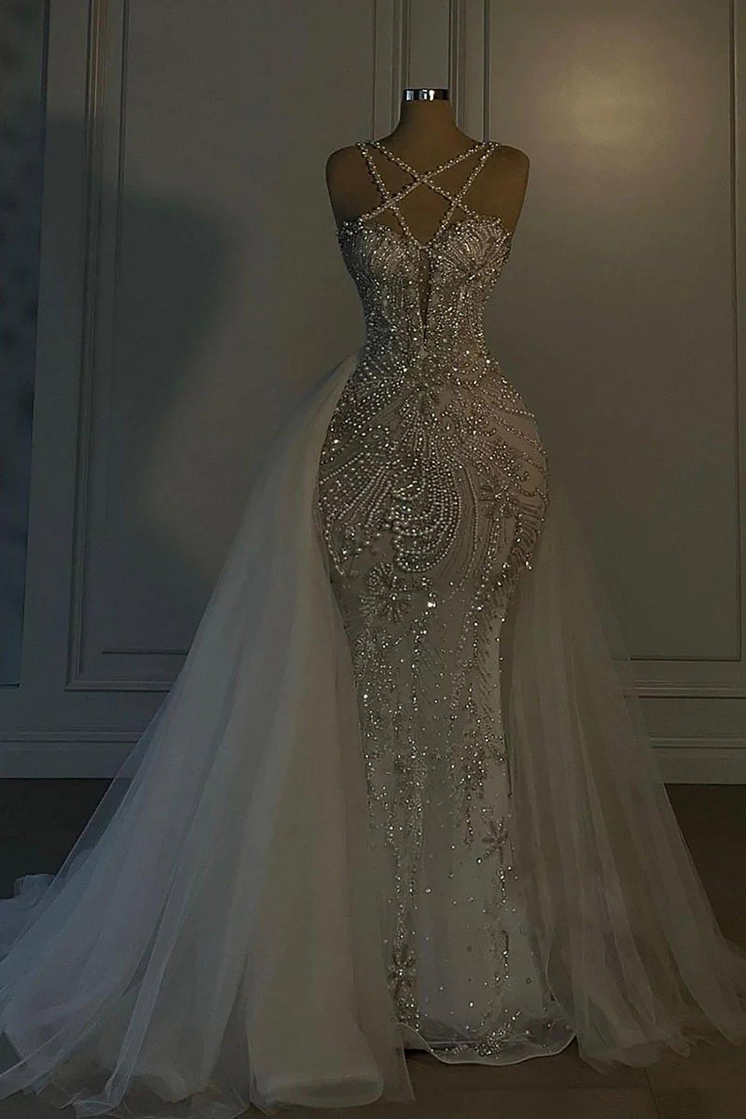 Mermaid V Neck Spaghetti Strap Heavy Bridal Gown With Beadings