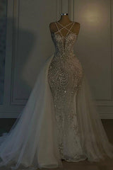 Mermaid V Neck Spaghetti Strap Heavy Bridal Gown With Beadings