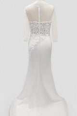 Trumpet Mermaid V Neck 3 4 Sleeves Lace Satin Wedding Dresses With Beading Appliques Lace