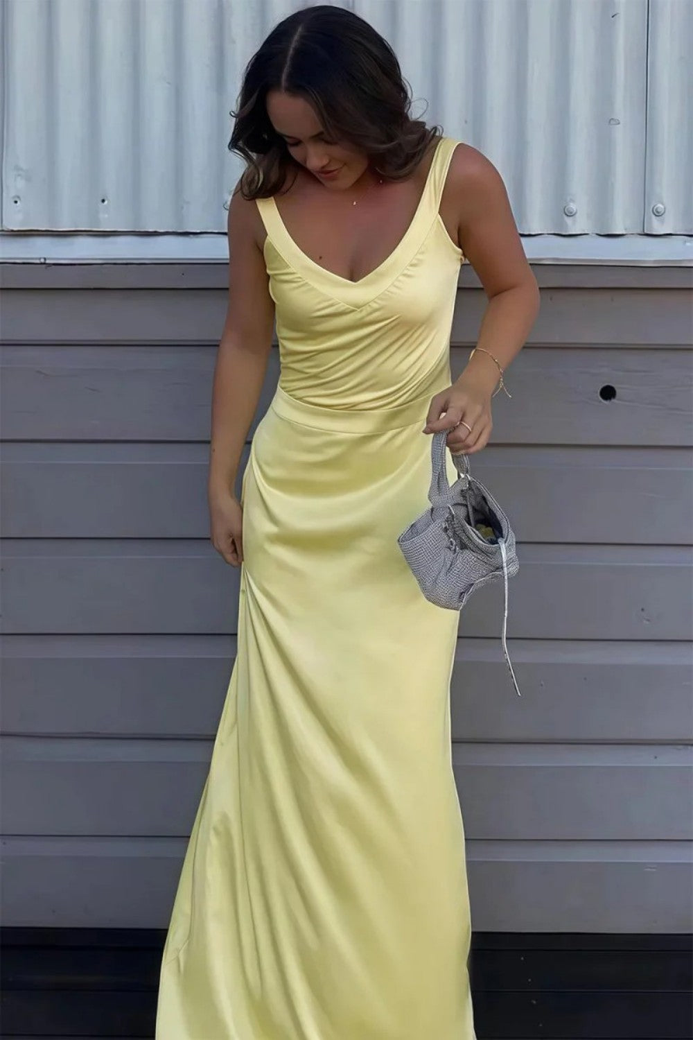 Mermaid V Neck Yellow Long Prom Dress With Criss Cross Back Formal Evening Gown
