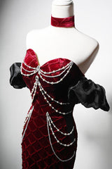 Mermaid Velvet Evening Dress Burgundy Long Christmas Party Dress