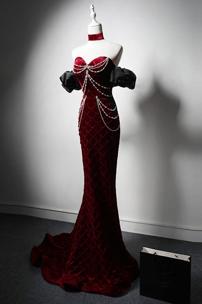 Mermaid Velvet Evening Dress Burgundy Long Christmas Party Dress