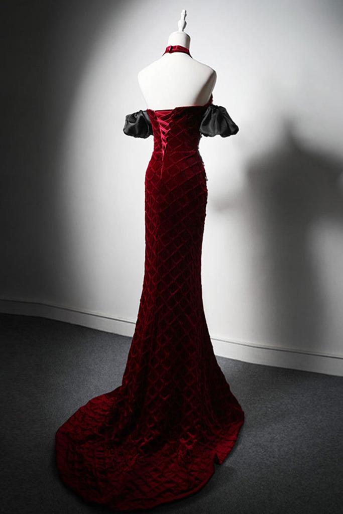 Mermaid Velvet Evening Dress Burgundy Long Christmas Party Dress