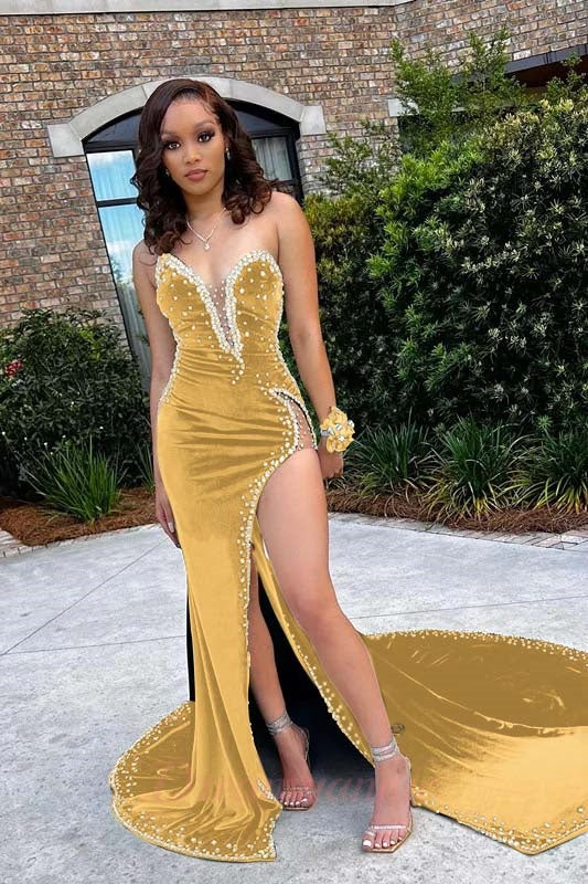 Mermaid Velvet Prom Dress V Neck Spaghetti Strap Beaded High Split Formal Dress