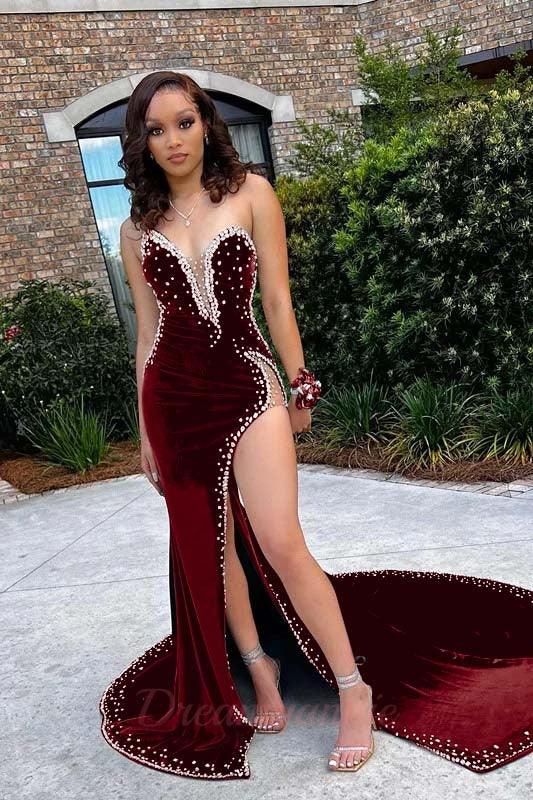 Mermaid Velvet Prom Dress V Neck Spaghetti Strap Beaded High Split Formal Dress