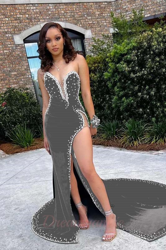 Mermaid Velvet Prom Dress V Neck Spaghetti Strap Beaded High Split Formal Dress