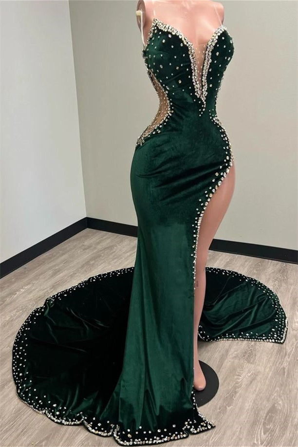 Mermaid Velvet Prom Dress V Neck Spaghetti Strap Beaded High Split Formal Dress