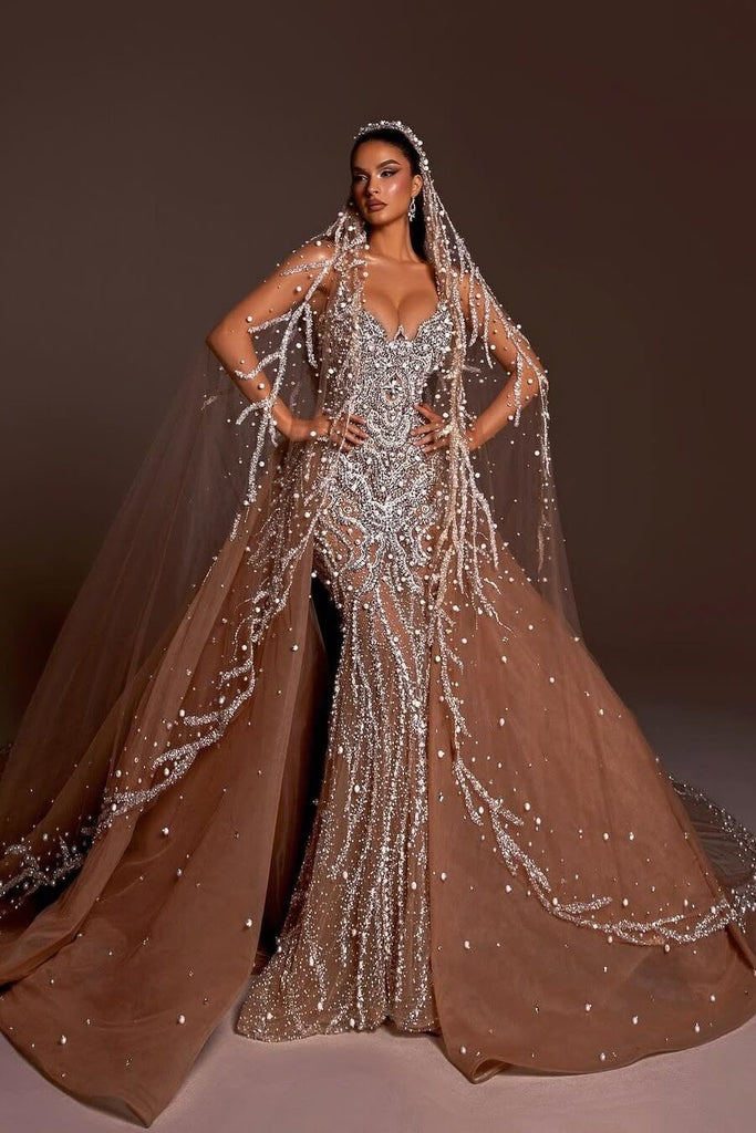 Mermaid Wedding Dress Spaghetti Straps Beaded Tulle Bridal Gown with P –  Dreamyannie UK