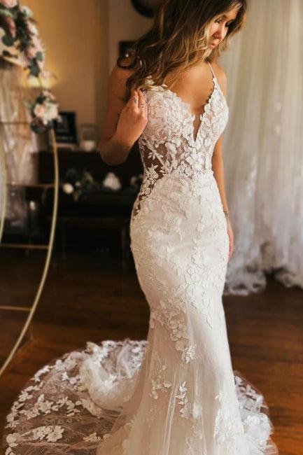 Mermaid Wedding Dress Spaghetti Straps V Neck Backless Bridal Gown