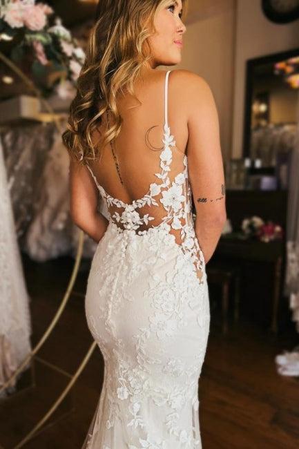 Mermaid Wedding Dress Spaghetti Straps V Neck Backless Bridal Gown