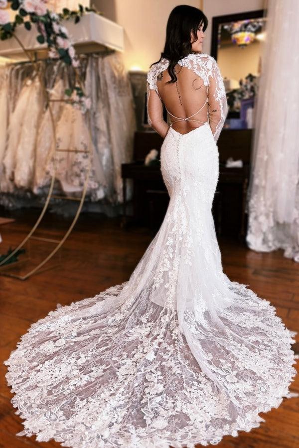 Dreamyannie UK Mermaid Wedding Dress V Neck Backless Lace Bridal Gown With Sleeves
