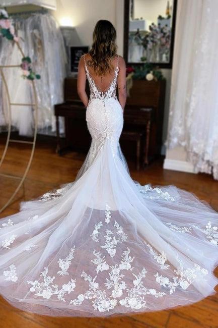 Mermaid Wedding Dress V Neck Sleeveless Lace Bridal Gown With Train