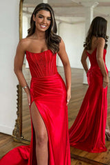 Dreamyannie Red Prom Dress Beaded Corset Mermaid Long Evening Dress With Slit