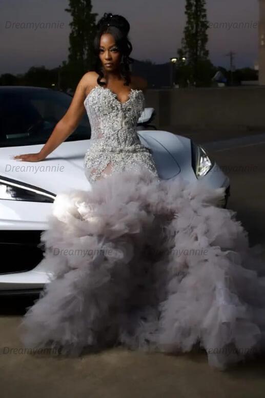 Mermaid Sweetheart Prom Dress Ruffled Sleeveless Formal Evening Gown with Rhinestones and Beadings